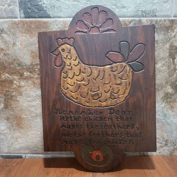Vintage Wooden Chicken Wall Hanging Decor Its The Chicken That Makes the Feather - Picture 1 of 12
